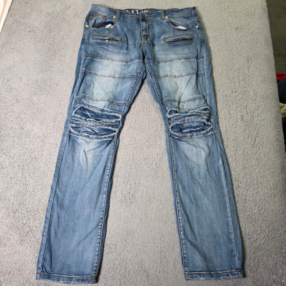 Kilogram Mens 33x29 Moto Biker Jeans Light Wash Distressed Ribbed Slim Denim